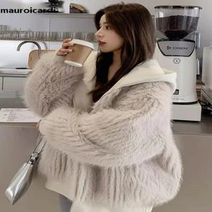 Mauroicardi 용수철 겨울용 털이 털이 있고 푹신한 재킷, 털이 있고 부드럽고 두껍고 따뜻한 인조 모피 코트, 가짜 2 피스 의류, 2024