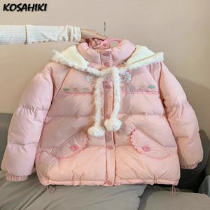 프레피 스타일 겨울 자수 따뜻한 여성 파카, 하라주쿠 지퍼, 캐주얼 토끼 귀 후드 상의, Y2k 미적 포켓 핑크 코트