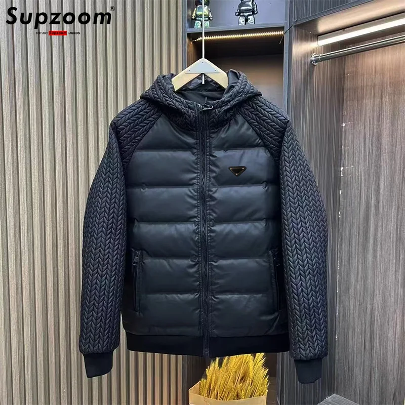 Supzoom 캐쥬얼 삼각형 마크 남성용, 트렌디한 후드 면 패딩 세트, 커플 면 패딩 재킷 및 코트, 겨울 신상