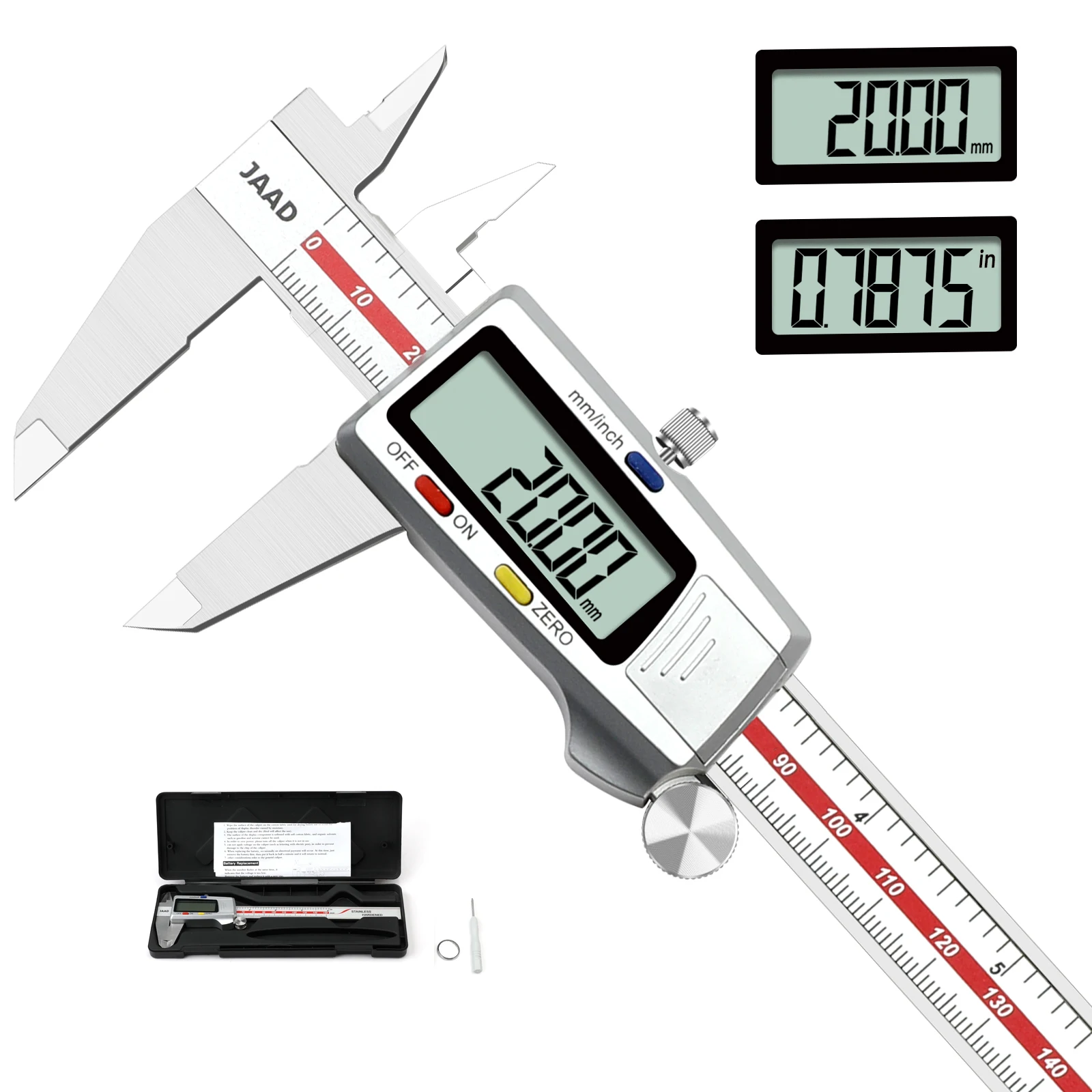 디지털 캘리퍼스, 대형 LCD 화면을 갖춘 스테인레스 스틸 구조, 150mm/0-6 인치, 산업용 등급, 고정밀 도구
