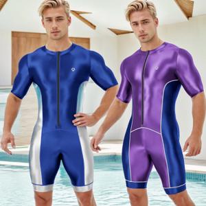 AMORESY 남성 부드러운 새틴 러닝 Catsuit 하프 슬리브 바디 슈트 요가 스포츠 사이클링 오버올 트랙 슈트 점프 슈트 러닝 레오타드