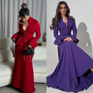 맞춤형 섹시한 레트로 저지 플리츠 셔링 인어 v 넥 롱 드레스 맞춤형 행사 드레스 사이즈 사용 가능 고품질