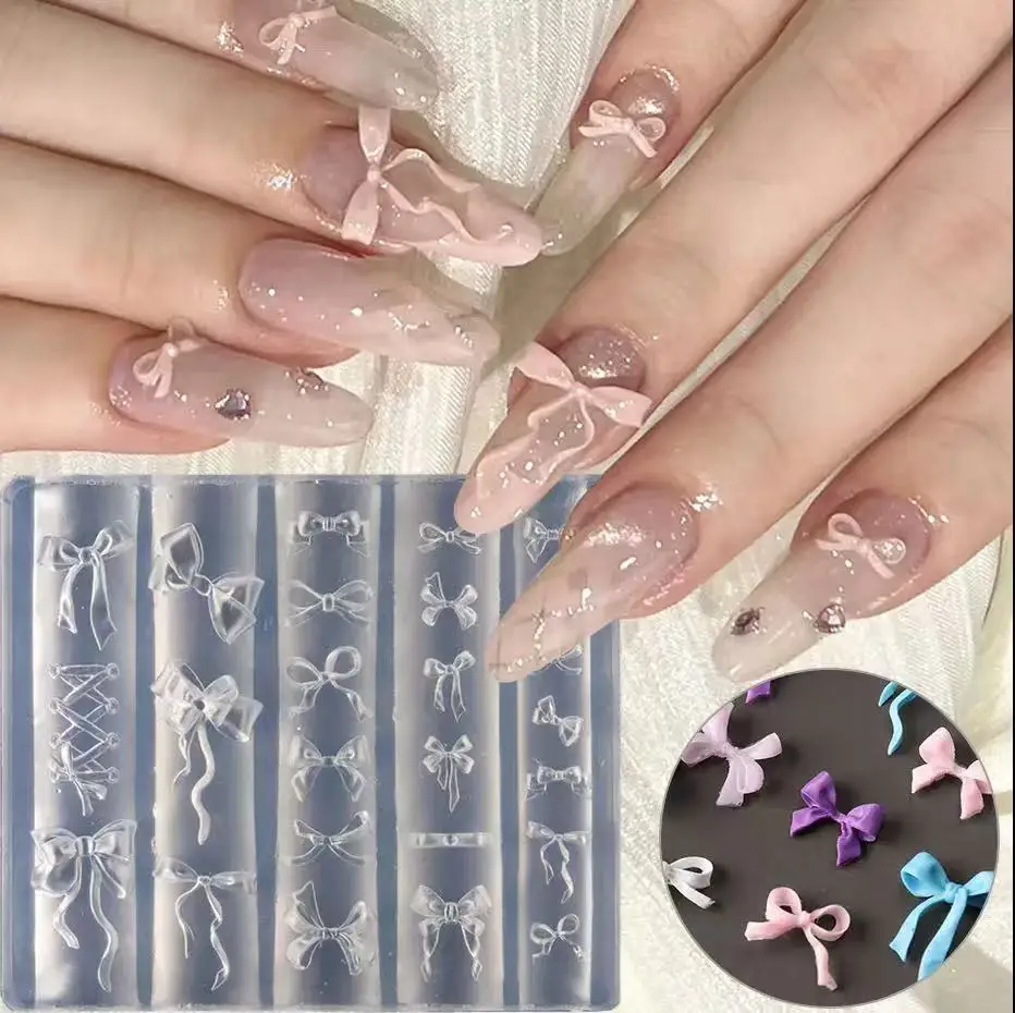 1개 3D 나비 리본 실리콘 네일 몰드 혼합 사이즈 모양 리본 소프트 스탬핑 플레이트 귀여운 발레 리본 DIY 매니큐어 아트 몰드 도구
