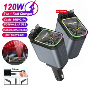 4 in 1 개폐식 차량용 전화 충전기 120W USB C 번개 케이블 지붕 별빛 아이폰 삼성 휴대폰용 고속 충전