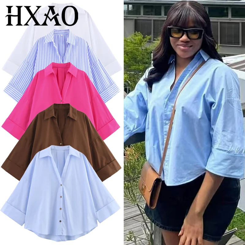 HXAO 2025 여성용 셔츠 여름 크롭 오버사이즈 셔츠 & 블라우스 화이트 블루 로즈 브라운 스트라이프 셔츠 우아한 긴팔 블라우스