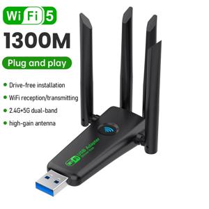 1300Mbps WiFi USB 어댑터 듀얼 밴드 2.4G/5Ghz Wi-Fi 동글 USB3.0 고속 802.11AC 4 안테나 무선 수신기 드라이버 무료