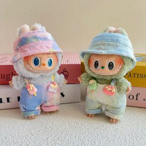 미니 봉제 인형 캐주얼 다채로운 점프 슈트 작업복 어부 모자 옷 Labubu 의상 액세서리 선물