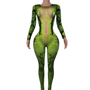 여성 레깅스 녹색 뱀 가죽 프린트 긴 소매 Bodycon 점프 슈트 Showgirl 의상 나이트 클럽 Ds 폴 댄스 착용 Qingshe