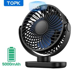 TOPK K60C 5000mAh 휴대용 미니 팬, 실내용 스탠딩 팬, LED 디스플레이 360 ° 캠핑용 회전 조용한 개인 책상 선풍기