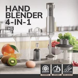 핸드 블렌더 1000W 강력한 4-in-1, 스테인리스 스틸 스틱 푸드 믹서, 700ml 믹싱 비커, 500ml 프로세서, 거품기