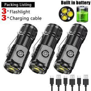 3LED 슈퍼 밝은 손전등 휴대용 미니 버스트 플래시 토치 USB 충전식 야외 비상 랜턴 스포트라이트 펜 클립 포함