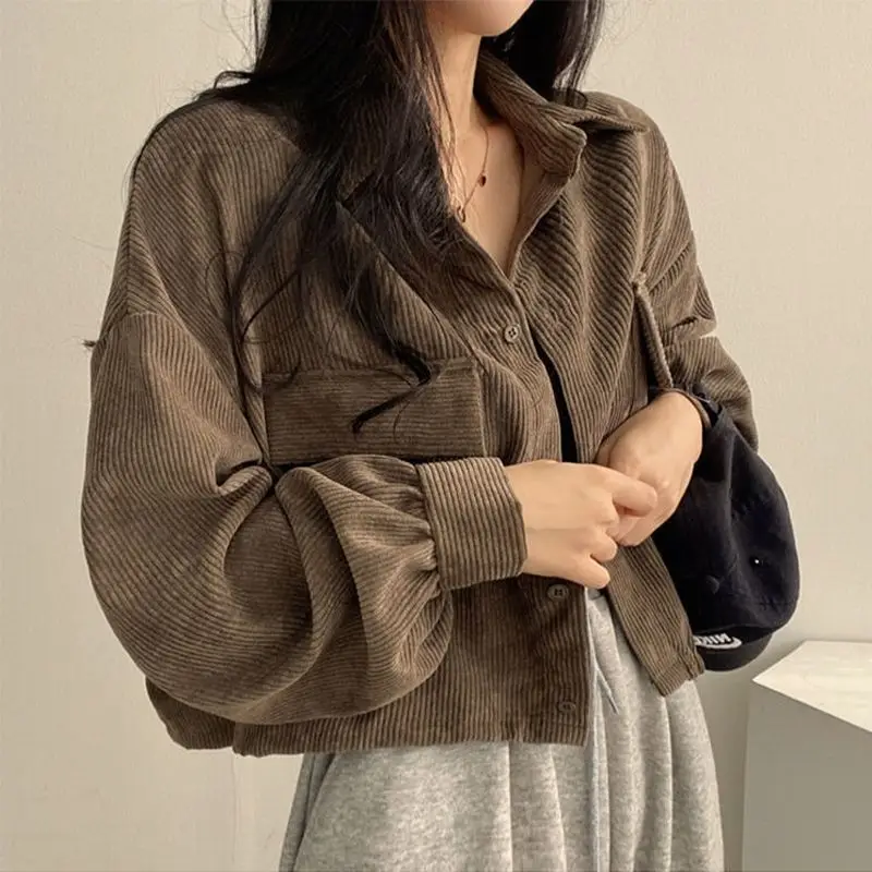 짧은 블랙 코듀로이 가디건 여성용 봄 가을 신상 한국 스타일 출퇴근용 루즈핏 긴팔 폴로 칼라