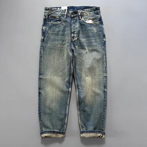 남성용 일본 인디고 블루 셀비지 스트레이트 레그 데님 청바지 남성용 Artisan Vintage Spring Washed with Raw Hem Detailing