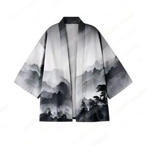 남성 기모노 셔츠 가디건 풍경화 일본 우키요에 루즈핏 오픈 프론트 셔츠 기모노 남성 캐주얼 여름 해변 셔츠