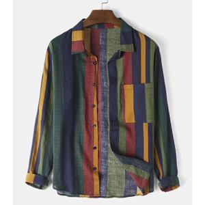 가을 남성 streetwear 다채로운 세로 줄무늬 느슨한 긴 소매 셔츠 레저 패션 레트로 버튼 다운 코튼 포켓 탑스