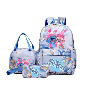 3Pcs 릴로 & 스티치 애니메이션 프린트 배낭 세트, 토트 및 파우치 포함, 대용량 경량 및 통기성 야외 배낭
