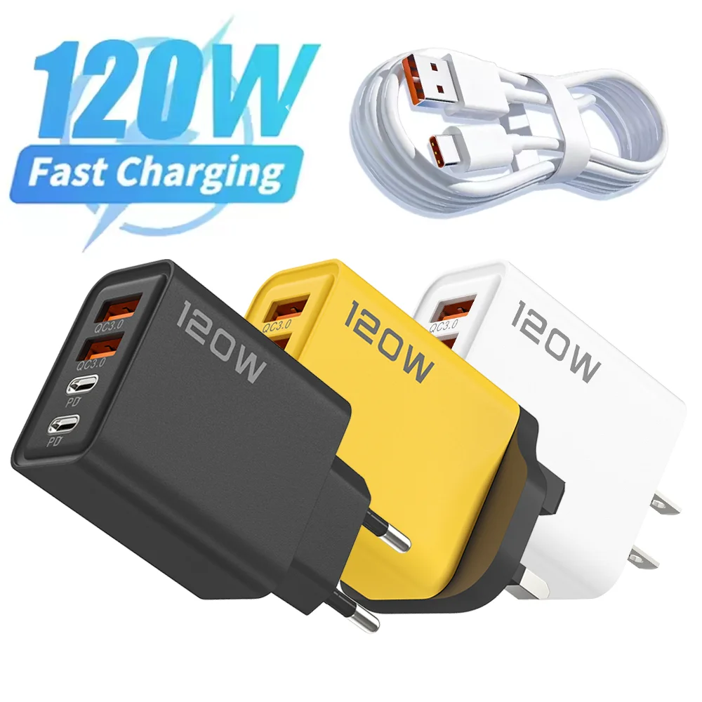 120W 4포트 USB C타입 고속 충전 데이터 케이블 USB 휴대폰 충전기 어댑터 (삼성, 아이폰, 샤오미, 화웨이용)