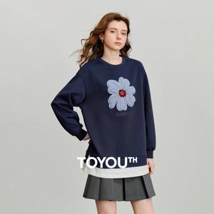TOYOUTH 여성 후드티 스웨트셔츠 2025 가을 신상 플러시 꽃 프린트 배색 스플라이싱 페이크 투피스 코튼 풀오버
