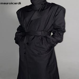 Mauroicardi 남성용 롱 블랙 오버사이즈 트렌치 코트, 더블 브레스트 벨트, 느슨한 캐주얼 방풍 겉옷, 봄 가을 쿨 2022
