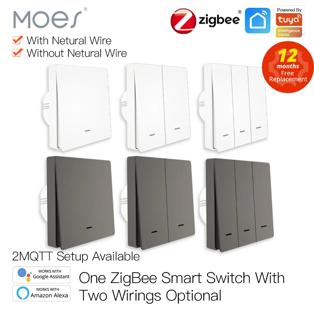 MOES 스마트 조명 스위치, Tuya ZigBee, 중성선 없음, 정전용량 필요 없음, 스마트라이프, 알렉사, 구글 홈 2 mqtt와 2/3 웨이 작동