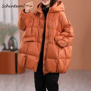 Schinteon 여성 화이트 오리 다운 재킷 후드 가을 겨울 따뜻한 아웃웨어 캐주얼 루즈 오버 사이즈 아웃웨어 두꺼운 코트 2023 신규