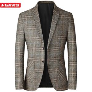FGKKS 새 봄 가을 블레이저 남성 슬림 피트 영국 격자 무늬 정장 재킷 파티 웨딩 비즈니스 캐주얼 블레이저 남성
