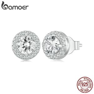 BAMOER 플래티넘 도금 헤일로 CZ 스터드 귀걸이 925 스털링 실버 저자극성 클래식 라운드 귀걸이 세트 파인 쥬얼리 BSE893