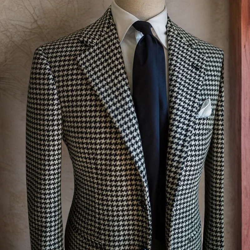 남성용 Houndstooth 비즈니스 블레이저 2023 격자 무늬 노치 라펠 정장 재킷 정장 남성 패션 코트