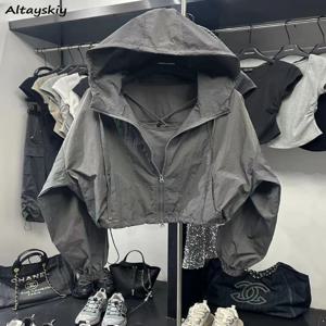 3 색 자켓 여성 여름 자르기 레저 선 스크린 후드 얇은 느슨한 빈티지 순수 기본 겉옷 하이 스트리트 대학 패션