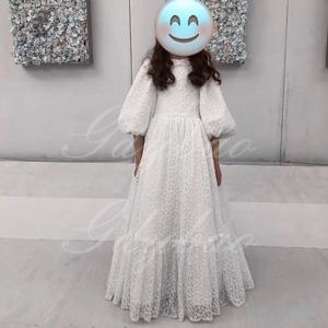 화이트 풍선 슬리브 플라워 걸 드레스, 결혼식용 할로우 아웃 레이스, 밀크 레이스, 아기 미인 대회, 첫 성찬식 무도회 가운