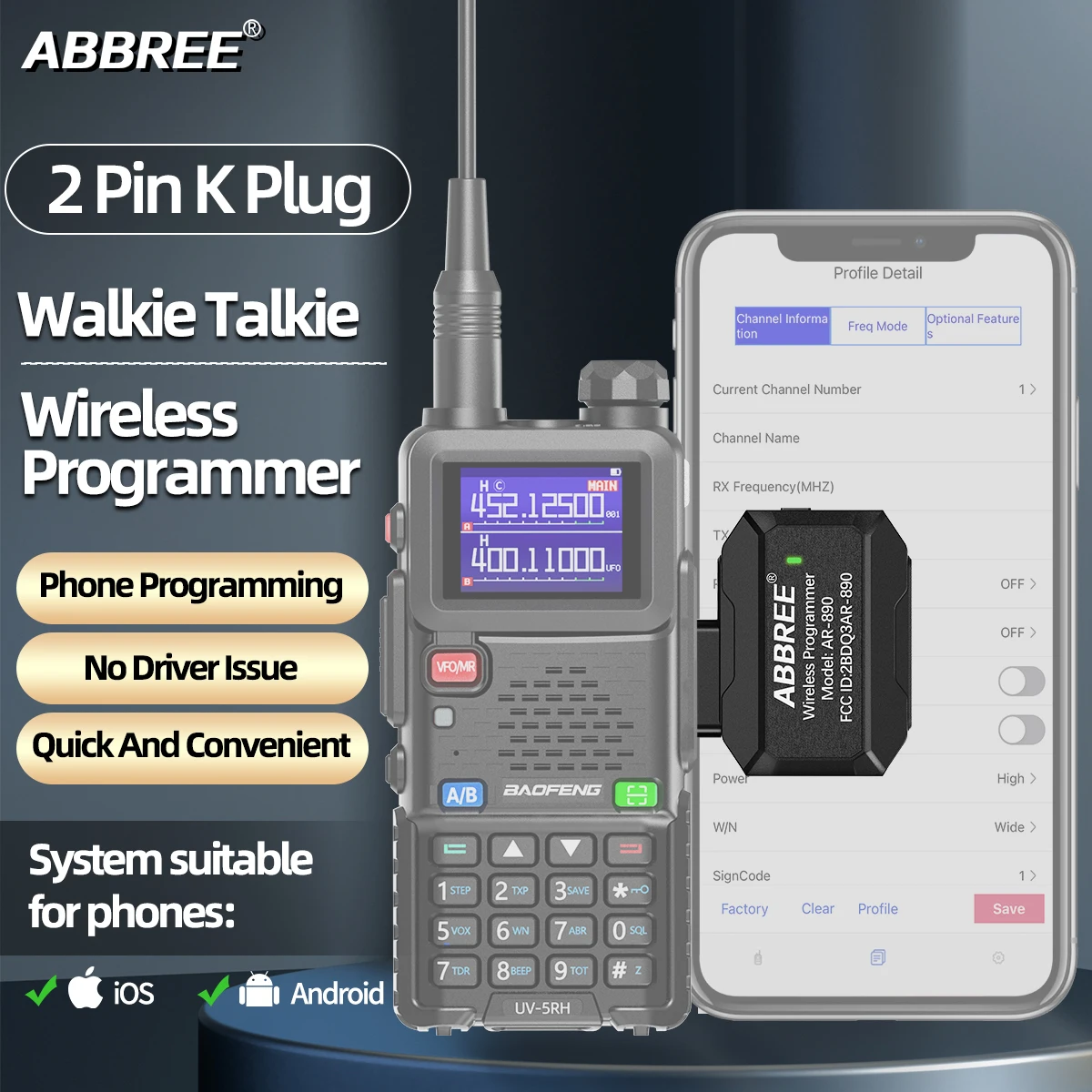 ABBREE 블루투스 무선 프로그래머 전화 APP 프로그래밍 Baofeng UV-5R UV-5RH BF-888S 워키 토키 Quansheng UV-K5 UV-K6