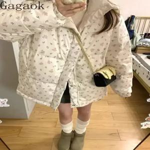 Gagaok 겨울 코트 한국 패션 파카 달콤한 꽃 프린트 스탠드 칼라 따뜻한 재킷 여성 부드러운 Ropa De Invierno Mujer