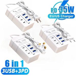 6 in 1 USB PD 충전기 35W 멀티포트 고속 충전 휴대폰 충전 어댑터 EU/US/UK 플러그 타입 C USB Quick3.0 여행용 충전기