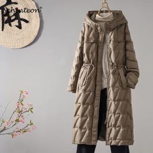 Schinteon 여성용 90% 화이트 덕 다운 롱 재킷, 오피스 레이디 슬림 아웃웨어, 후드 포함, 럭셔리 코트, 가을, 겨울, 2024 신상