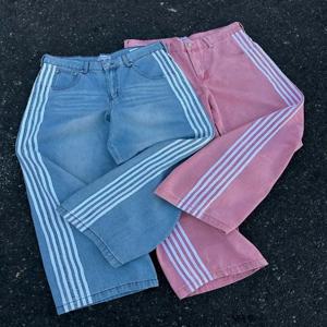 Y2k 하이 웨이스트 청바지 여성 하라주쿠 트렌드 스트라이프 스트레이트 레그 청바지 힙합 레트로 streetwear 커플 헐렁한 와이드 레그 팬츠