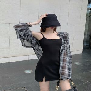 여성 긴 소매 얇은 카디건 태양 보호 의류 여름 새 스타일 쉬폰 미디 격자 무늬 셔츠 여성 겉옷