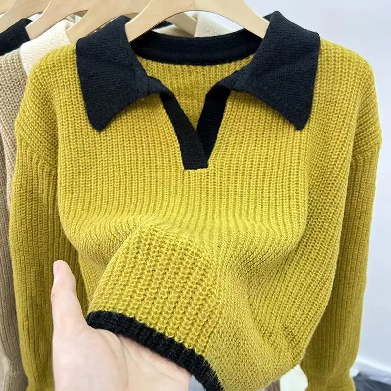 폴로 니트 스웨터, 한국 에디션, 레이지 스타일, 부드럽고 끈끈한 겉옷, 루즈한 작은 하의, 캐주얼 상의, 가을, 겨울, 신상