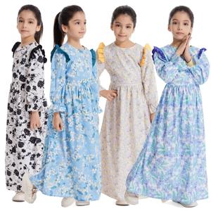 어린이 이슬람 abaya 꽃 인쇄 소녀 긴 맥시 드레스 터키 아랍 kaftan 이슬람 파티 휴일 귀여운 가운 가운 키즈 두바이 kaftan