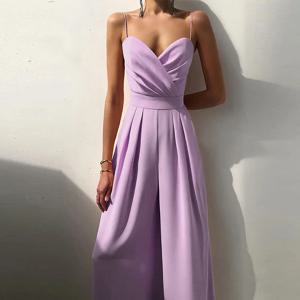 캐주얼 와이드 레그 롱 점프 슈트 여성 2025 솔리드 컬러 Draped Slim Playsuit 여성 우아한 하이 웨이스트 스트랩 솔리드 원피스 Romper