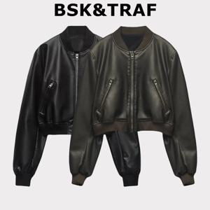 BSK&TRAF Hot Girl 스탠드 칼라 디스트레스드 인조 가죽 폭격기 재킷 2025 여성 패션 통근 가죽 재킷