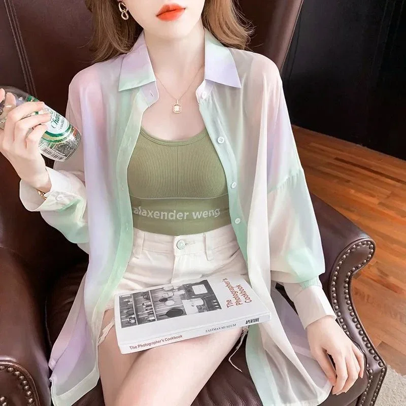 High QualityTurn-down Neck 긴팔 셔츠 블라우스 그라디언트 레인보우 컬러 See-through 얇은 여성 루즈 탑 셔츠 New 2025