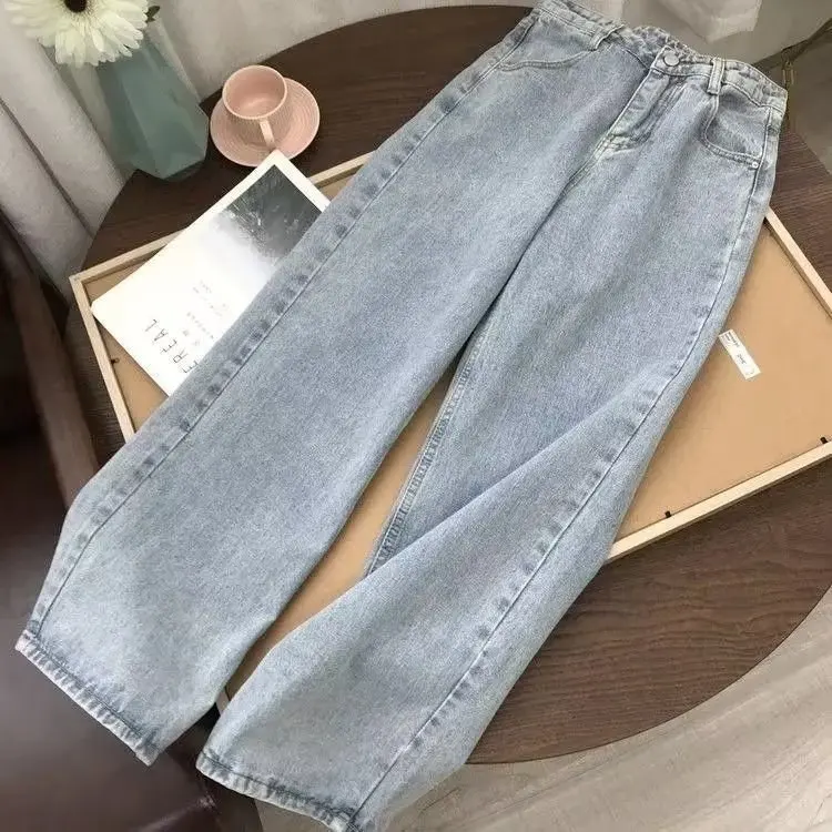 하이웨이스트 데님 팬츠 여성 여름 신상 한국 스타일 루즈핏 슬림 와이드 레그 롱 팬츠 얇은 데님 원단 가을 시즌