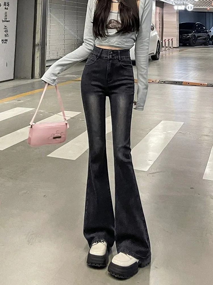 2025 봄 여름 하이웨이스트 슬림핏 아메리칸 스타일 라이트 워시 지퍼 플라이 부츠컷 데님 청바지 여성복 패션 트렌드