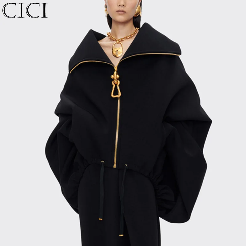 CiCi 2025 가을 새로운 패션 캐주얼 스타일 하이 엔드 느낌 재킷 턴 다운 칼라 Batwing Sleeves 한국 스타일 짧은 느슨한