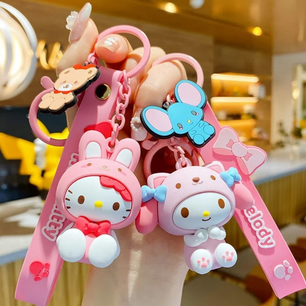 만화 헬로 키티 Cinnamoroll 인형 키 체인 Sanrio 멜로디 Kuromi 학생 배낭 장식 열쇠 고리 액세서리 소녀 선물
