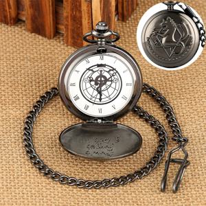 빈티지 블랙 풀 메탈 연금술사 석영 주머니 시계 Steampunk 인기 에드워드 엘릭 목걸이 체인 팬 코스프레 애니메이션 시계