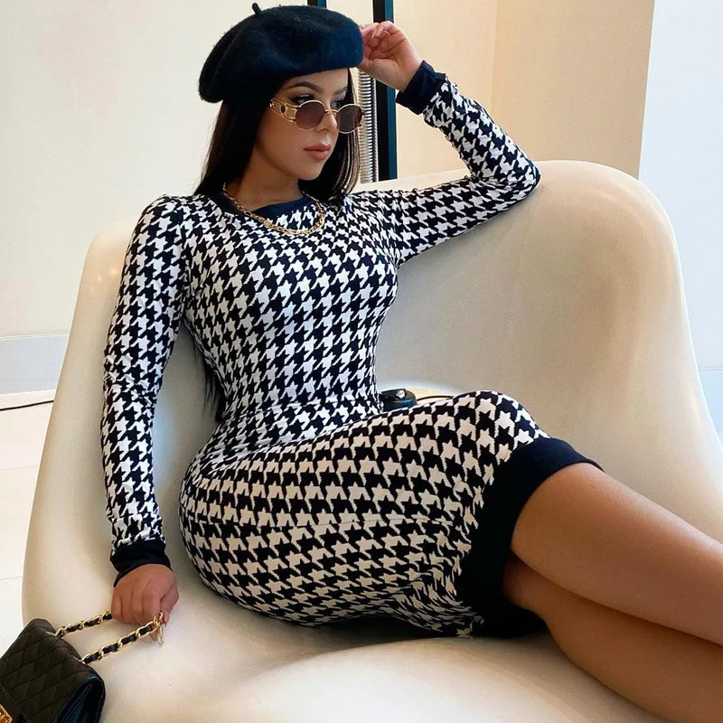 Houndstooth 인쇄 여성 긴 소매 미디 드레스 Bodycon 섹시한 streetwear 2022 가을 겨울 클럽 우아한 슬림
