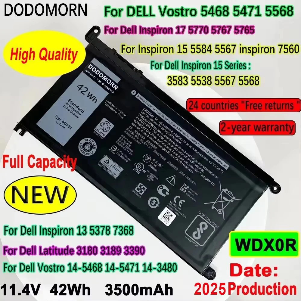 DODOMORN WDX0R 노트북 배터리, DELL Vostro 5468 5471 5568 Inspiron 17 5770 5767 5765 15 5584 5567 7560 3583 5538 5567 WDXOR