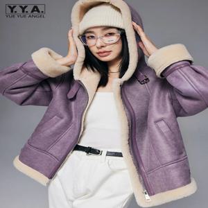 여성용 따뜻한 울 안감 진짜 양털 재킷, 루즈핏 양털 오버코트, 캐주얼 후드 양 전단 코트, 겨울 신상 디자이너