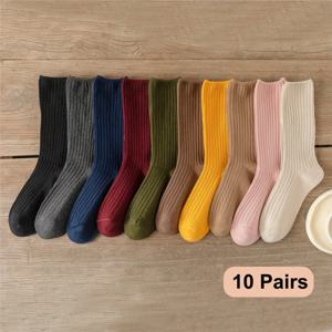 10 쌍 레트로 여성 코튼 느슨한 양말 가을 겨울 뜨개질 솔리드 컬러 롱 블랙 핑크 한국어 일본 학생 소녀